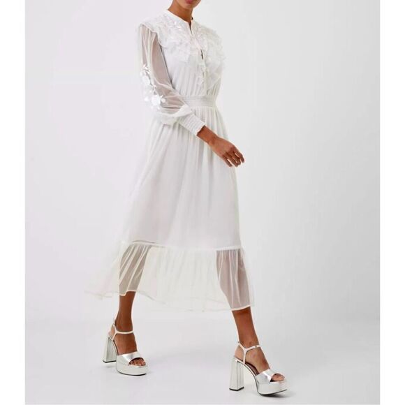 NWT French Connection Abra Embroidered Mesh Summer White Smock Waist Midi Dress - Picture 1 of 10